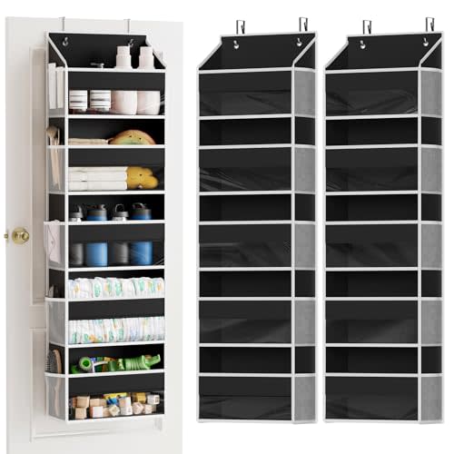 SpaceAid 2 Pack Over The Door Organizer with 5 Large Pockets and 10 Mesh Side Pockets, 5 Layers Door Organizer Hanging with Clear Window for Bedroom, Bathroom, Pantry and Nursery, Black