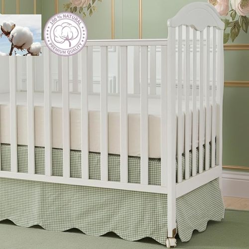 Brandream Scallop Edge Cotton Crib Skirt, Baby Boy, Baby Girl, Gender Neutral Crib Skirt Toddler Bedskirt Farmhouse Chic Nursery Crib Bed Skirt, Boho Bohemian Solid Green Gingham