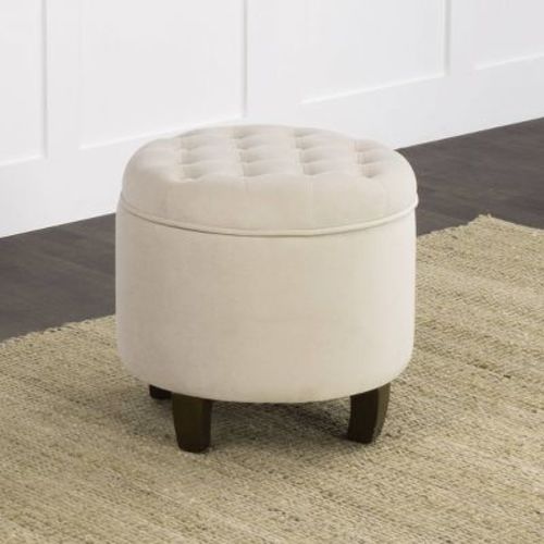 Large Round Button Tufted Storage Ottoman Cream - HomePop: Velvet Footstool, Wood Legs
