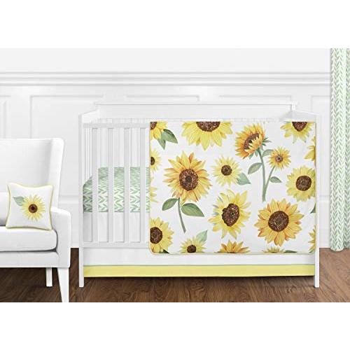 Sweet Jojo Designs Yellow, Green and White Sunflower Boho Floral Baby Girl Nursery Crib Bedding Set - 11 Pieces - Farmhouse Watercolor Flower