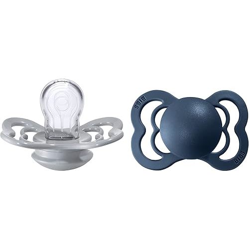 BIBS Supreme Baby Pacifier 2-Pack | Made in Denmark | BPA Free Dummy Soother, Symmetrical Nipple. Silicone, Size 1 (0-6 Months), Cloud/Steel Blue