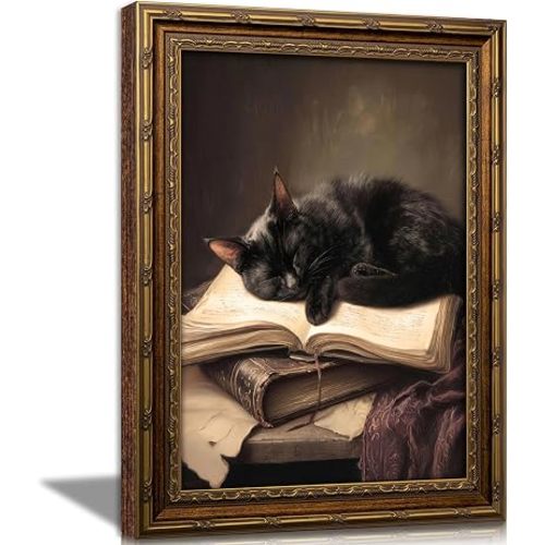 Xiuumcakee Vintage Moody Black Cat Wall Art, Dark Academia Cat Canvas Print