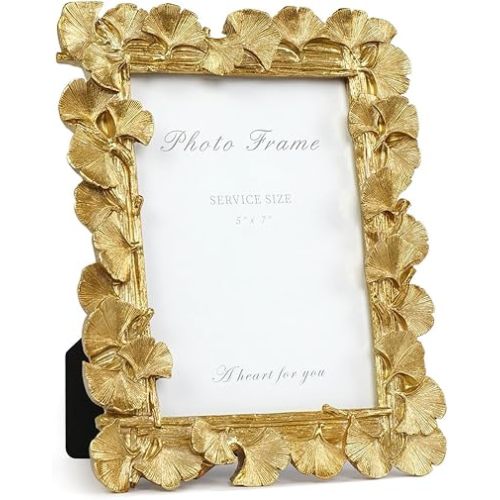Cuspin 5x7 Picture Frame, Vintage Ornate Gold Resin Frame with Glass Front, Ginkgo Leaf Textured Photo Frame for Wall Hanging or Tabletop Display, Retro Design Home Decor Gift