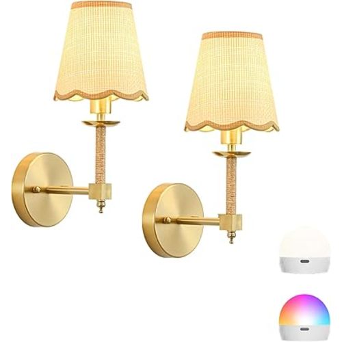 Boho Battery Operated Wall Sconce Set of 2, Medium Wireless Rechargeable Wall Lights with Rattan Shade, 12 RGB and 3CCT Dimmable Cordless Wall Lamps with Remote for Living Room