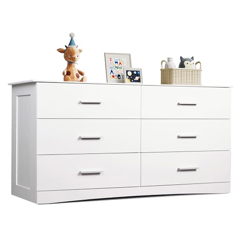 WLIVE White Dresser with 6 Drawers, Wide Wood Chest of Drawers for Bedroom, Large White Storage Tower Unit, Modern Minimalist Closet Store Organizer for Living Room, Hallway
