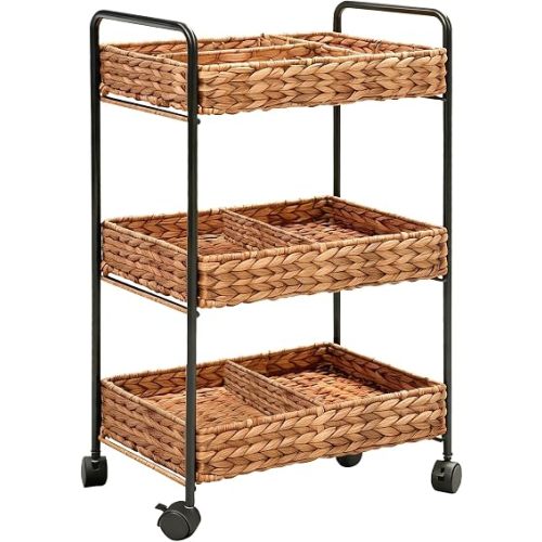 3 Tier Wicker Rolling storage Cart with 3 Pcs Dividers, 30×15×11 Inch Water Hyacinth Utility Cart with Metal Frame & Lockable Wheels, Versatile Home Organizer for Nursery, Bathroom, Kitchen and Craft