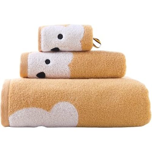 3 Piece Premium Bath Towel Set for Kids(Naughty Bear), 1 Bath Towel 1 Hand Towel 1 Washcloth, Quick-Drying, 100% Cotton，Oeko-TEX Certified (Brown)