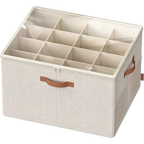 SONGMICS Shoe Organizer for Closet, Shoe Storage Bin, Fits 16 Pairs, Fabric Container with Handles and Clear Cover, Adjustable Dividers, Customizable, Cappuccino Beige ULSP555K01