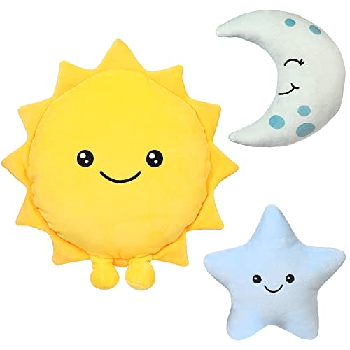 BenBen Sun Plush Toy 12 inch, Set of 3, 7 inch Stuffed Star and Moon, Cute Plushies Gift, Kids Bedroom Decorative Toy, Easter Basket Stuffers, Fun Plush Pillow for Home Décor