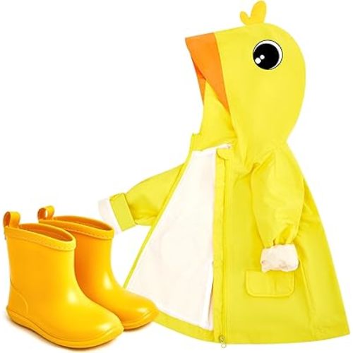 2 Pcs Toddler Raincoat Rain Boots Set Kids Baby Cartoon Hoodie Zipper Jacket Short Rain Shoes for Little Boys Girls
