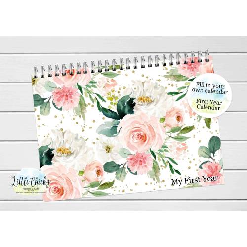 Blush Floral First Year Baby Keepsake Calendar, First Year Calendar with Milestone Stickers, BLANK Calendar, Baby Gift, Baby Shower Gift