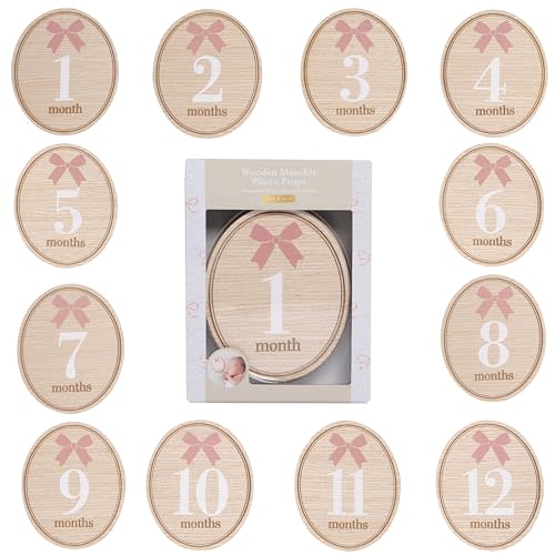 Kate & Milo Wooden Baby Monthly Milestone Discs, Oval with Pink Bows, 12-Piece Double-Sided Month Markers for Newborn Photo Props