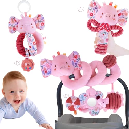 Baby Toys 0-6-12 Months Spiral Car Seat Toy, Infant Stroller Hanging Carseat Rattle Stuffed Animal Newborn Girl Boy Accessories Birthday Gift 0-3-4-5-7-8-9 Month Old Mirror Pink Elephant 3PCS