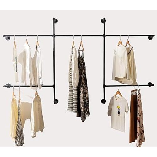 Industrial Pipe Clothes Rack Wall Mounted Clothing Rack,Heavy Duty Iron Pipe Garment Rods,Detachable Multi-Purpose Clothing Hanging Rod/Garment Bar, Black
