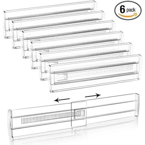 6 Pack Adjustable Drawer Dividers(11.34-19.88") 3.15" Expandable Clear Drawer Dividers for Kitchen, Bedroom & Office Dresser Drawer Organizers for Clothes, Utensils and Baby Nursery Storage