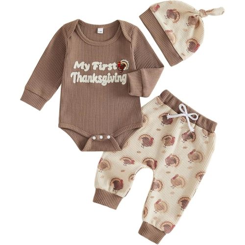 Newborn Baby Boy Clothes Football Outfits Embroidered Waffle Long Sleeve Romper Pants Hat Fall Winter 3 Piece Set