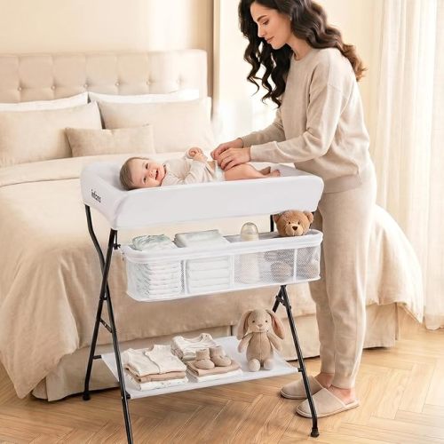 INFANS Baby Changing Table, Folding Diaper Station Portable Nursery Organizer with Safety Belt and Large Storage Racks for Newborn Baby and Infant (Black)
