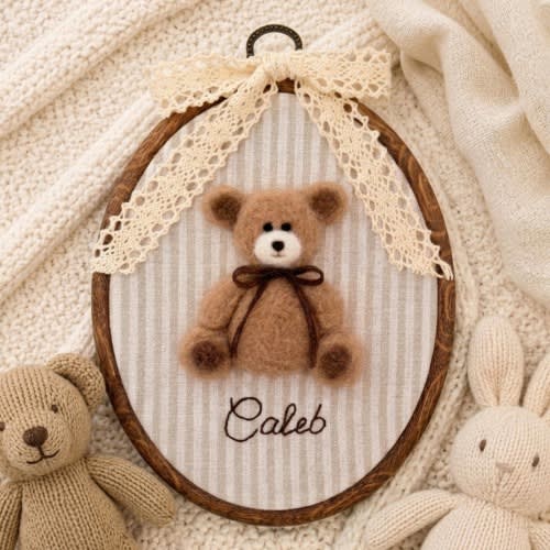 Needle Felted Bear Nursery Art, Personalized Baby Name Wall Decor
