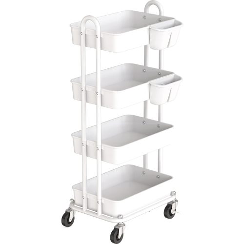 Simple Houseware 4-Tier Multifunctional Rolling Utility Cart with Hanging Buckets, White