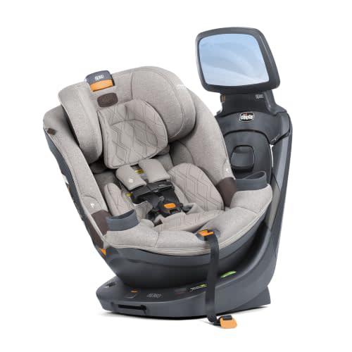 Chicco Fit360 Zip ClearTex Rotating Convertible Car Seat with Mirror | 360-Degree 1-Hand Rotation, Self-Tensioning Lock System, Zip & Wash ClearTex Fabrics, Magnetic Chest Clip, 4-65lbs., Teak