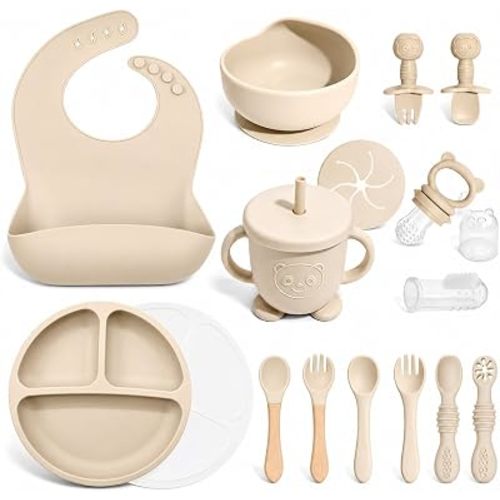 Silicone Baby Feeding Utensils Set for 6+ Months, 17 Pcs, Beige