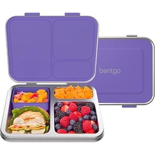 Bentgo Kids Stainless Steel Leak-Resistant Lunch Box - 3-Compartments with Bonus Silicone Container, Durable, Eco-Friendly, Dishwasher Safe, BPA-Free, Ideal for School, Ages 3+ (Purple)