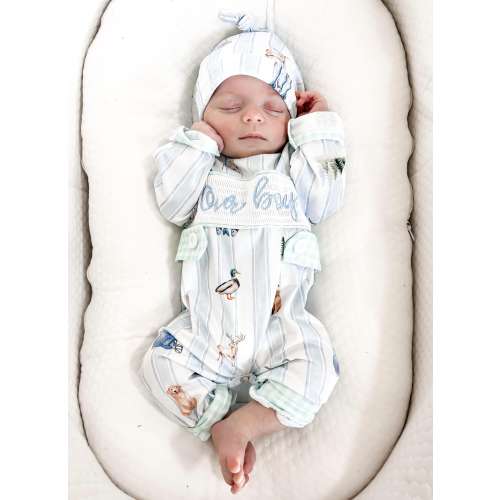 Newborn Boy Smocked Romper & Hat Set: Blue Stripe, 'Our Boy' Embroidery