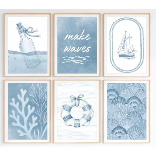 6Pcs Nautical Canvas Wall Art, Ocean Theme Wall Decor Pictures, Blue Coastal Poster Prints with Drift Bottle、Sailboat、Coral, for Living Room Study Beach House Home Decoration 8x10inch Unframed