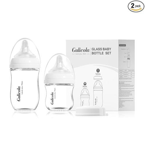 Gulicola Natural Glass Baby Bottle Newborn Set, 3 oz and 5 oz with Extra Slow Flow & Slow Flow Nipple, Anti Colic, 0-3 Months, 2 Pack - White