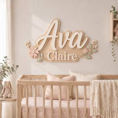 Floral Baby Wooden Name Sign, Personalized Nursery Wall Art, Custom Flower Name Plaque, Baby Girl Room Gift