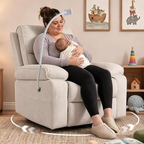 360° Swivel Glider Rocking Chair Nursery， Oversized Recliner with Phone Holder，Nursing Chairs for Breastfeeding with Wide Foot Rest for Living Room and Baby Room,Beige