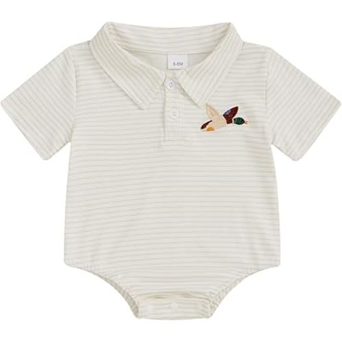 Baby Boy Polo Romper Mallard Duck Button Down Striped T-Shirt Onesie Short Sleeve Collar Bodysuit Summer Outfit