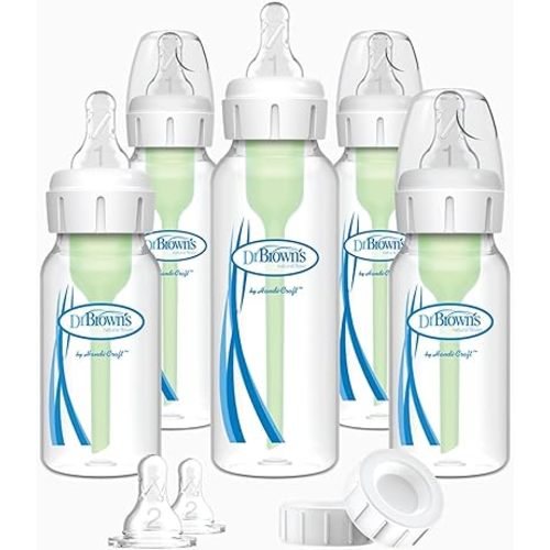 Dr. Brown's Natural Flow Anti-Colic Options+ Narrow Baby Bottle Newborn Gift Set with Baby Bottle Travel Caps