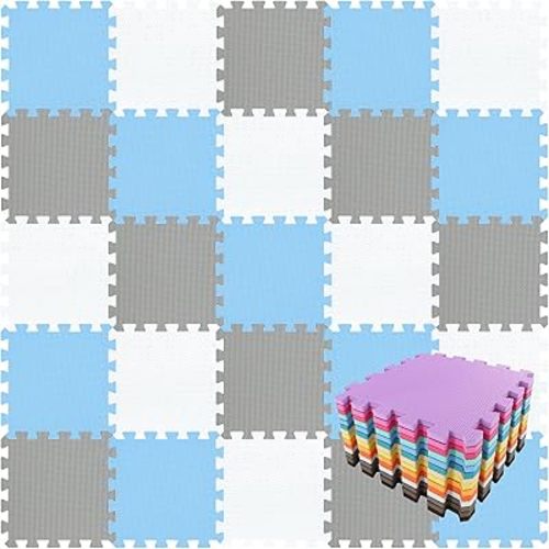 qqpp EVA Rubber 18 Tiles Interlocking Puzzle Foam Floor Mats - Baby Play Mat for Playing | Exercise Mat for Home Workout. White, Blue, Gray. QC-AGLb18N
