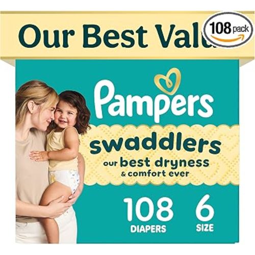 Pampers Swaddlers Diapers, Size 6 (23-44 lbs), 180 Count, Fragrance Free, Hypoallergenic, Absorbent, Pediatrician Recommended, Skin Safe