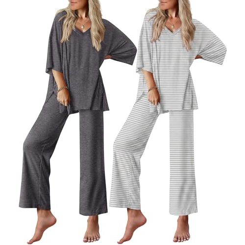 Ekouaer 2 Packs Lounge Set for Women Short Sleeve Pajamas Top and Long Pant | Comfy V Neck Top and Loose Fit Pjs Outifts with Pockets Matching Loungewear Sets