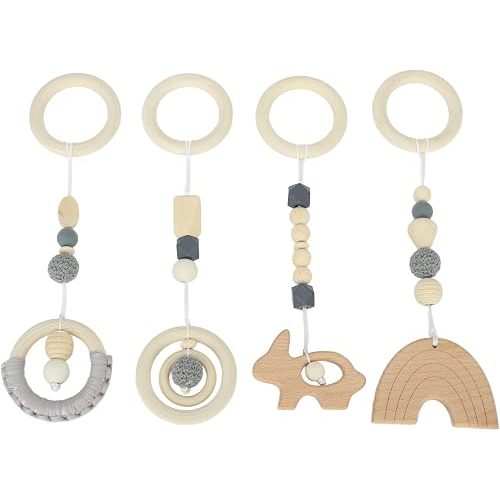 Colorful Wooden Hanging Toys 4 Pcs Baby Play Gym Pendant for Brain Development, Safe Book Material for Outdoor Carts (Grey)