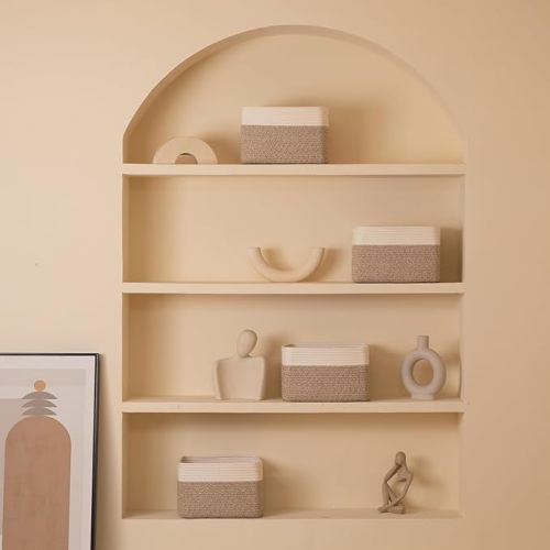 4 Pack Storage Baskets for Organizing, Woven Baskets for Shelves - Perfect for Toys, Books, Towels, and Clothes, Durable Gift Basket Bins Toy Storage, 12.7''Lx9''Wx7.8''H, Brown & White