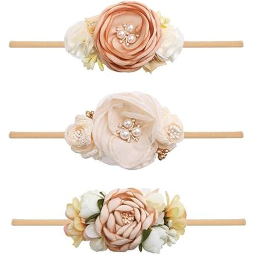 cherrboll 3pcs Baby Girl Flower Headbands, Super Soft & Stretchy Nylon Floral Hairbands for Newborn Toddler