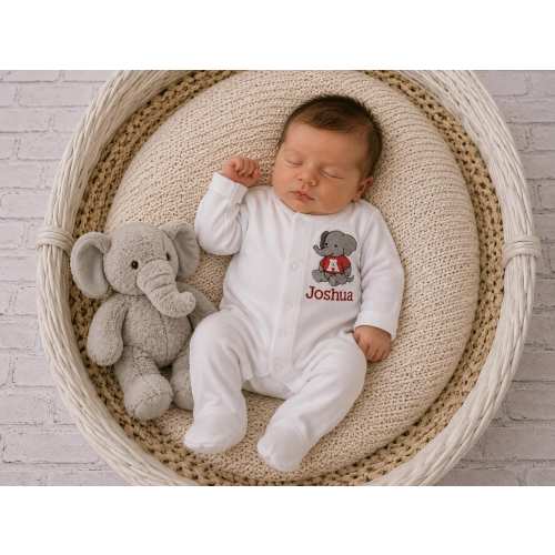 Personalized Crimson Elephant Football Baby Romper, Team Spirit Footie-Game Day