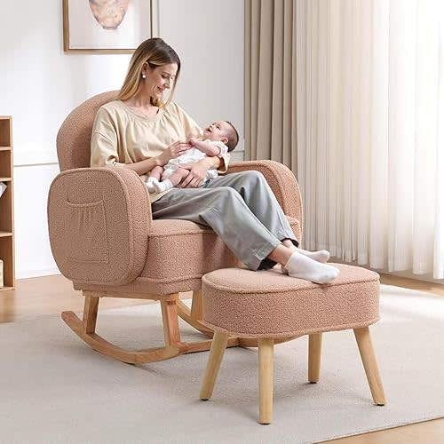 HCHAIRH Rocking Chair Nursery with Ottoman, Upholstered Glider Rocker with High Backrest and Side Pocket, Rocking Accent Armchair with Solid Wood Legs for Nursery, Living Room, Bedroom Coffee