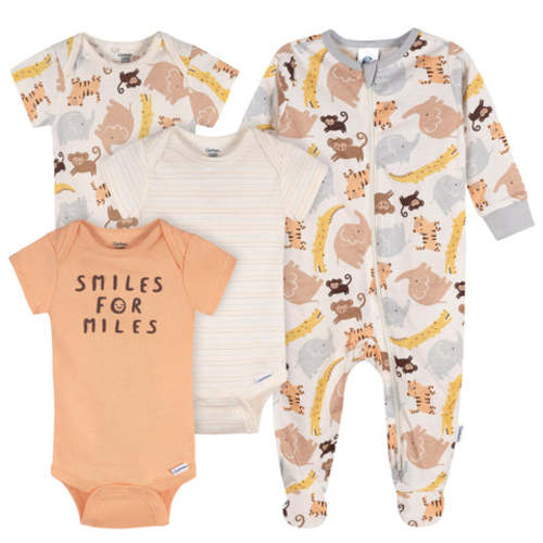4-Pack Baby Neutral Safari Smiles Onesies® Bodysuits and Sleep 'N Play