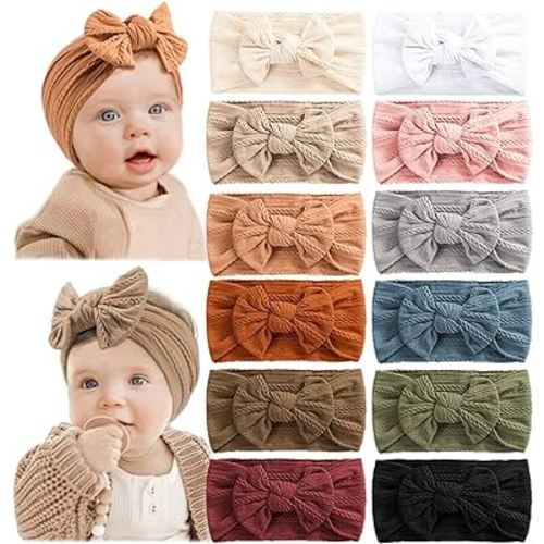 Prohouse 12 PCS Baby Headbands Handmade Super Stretchy Soft Nylon Hairbands Hair Bows Hair Accessories for Baby Girls Newborn Infant Toddlers Kids(Clay)