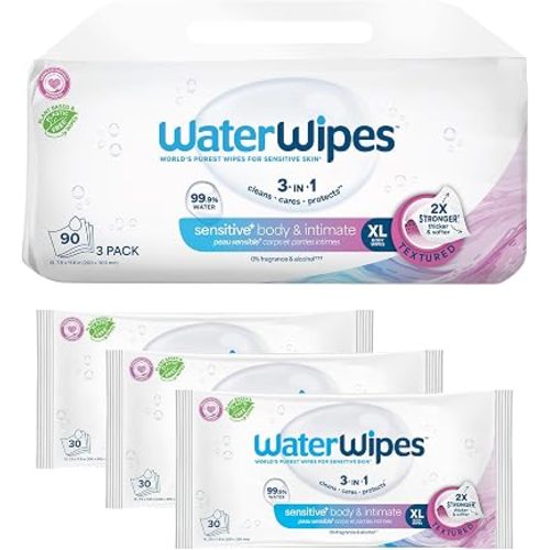 WaterWipes Sensitive Whole Body Cleansing Wipes, 99.9% Purified Water, XL Textured Wipes, Incontinence Care, Fragrance Free, 90 Count