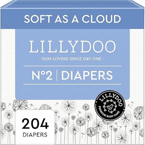 LILLYDOO Baby Diapers - Size 2 (9-18 lbs), Monthly Supply 204 Count (6 x 34), Leak Protection, Skin-Friendly, Ultrasoft, Perfume- & Chlorine-Free, Hypoallergenic, Dermatologist Tested, Oeko-TEX®