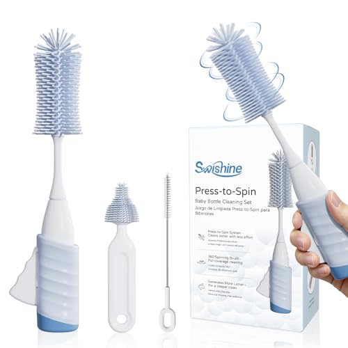 Baby Bottle Brush Set, Innovative Efficient Press-to-Spin Brush Cleaner - Includes Silicone Bottle Brush, Nipple Brush, Straw Cleaner - Spinning Generates Rich Foam for Deep Cleaning, Blue