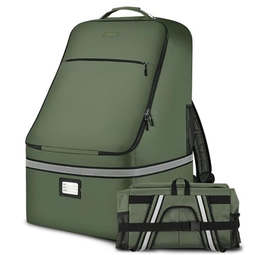 Car Seat Travel Bag,Padded Car Seats Backpack with Steel Cable Handle and Reflective Stripes, Large Durable Carseat Carrier Bag,Airport Gate Check Bag,Infant Seat Travel Bag with Shoulder Strap,Green