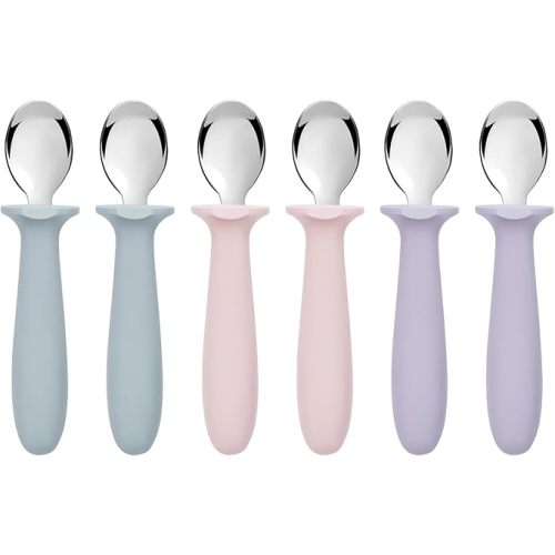 6 PCS Toddler Spoons Set - Baby Spoons with Silicone Handle Children Food Grade 18/8 Stainless Steel Toddler Utensils Set for Self Feeding Kids Silverware Set Safe Anti-Choke Design Dishwasher Safe