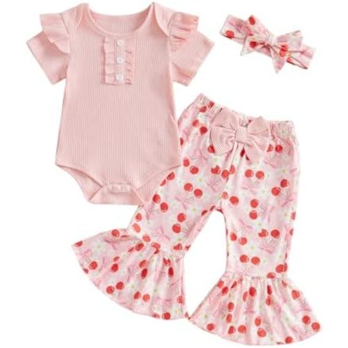Baby Girl Summer Clothes Ruffle Sleeve Romper Jumpsuit Toddler Bell Bottoms Floral Pants Set 3Pcs Headband Outfit