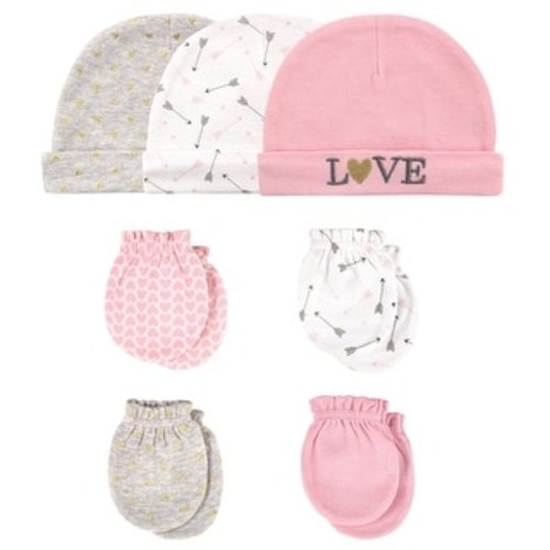 Hudson Baby Infant Girl Cotton Cap and Scratch Mitten 7pc Set, Love, 0-6 Months - Love